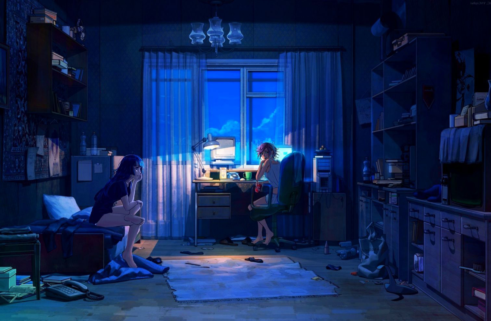 Anime Landscape Student Bedroom at Night Anime Background