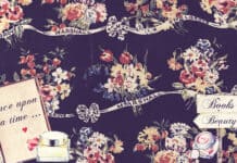 Flower-patterned fabric with floral illustrations and text, vintage style, book-themed design, cosmetics on a dark background.
