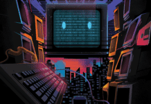 Futuristic computer laboratory with multiple monitors displaying binary code and digital graphics, modern technology workspace with a sleek keyboard and vibrant neon lighting.