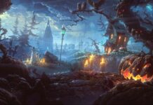 Haunted pumpkin patch with spooky trees, eerie houses, glowing lanterns, and a night sky filled with lightning for Halloween or horror-themed wallpapers.