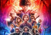 Haunting poster of the movie Stranger Things featuring the main characters with supernatural elements in vibrant colors.