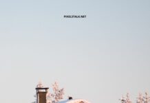 Cozy winter log cabin with snow-covered trees and balcony in snowy landscape.