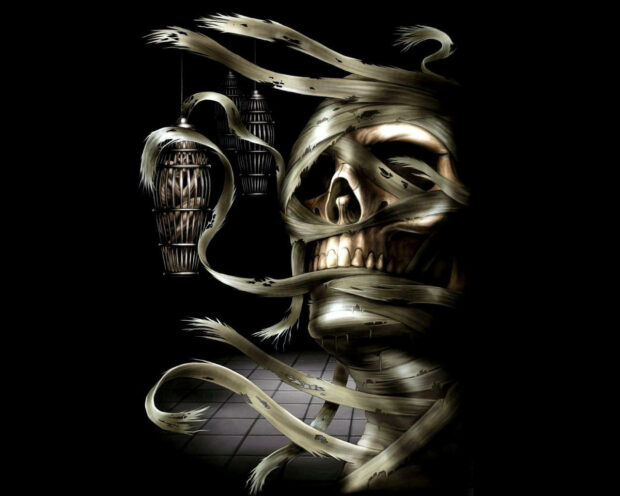 An illustration of a Mummy Skull with Flames Blazing Wallpaper.