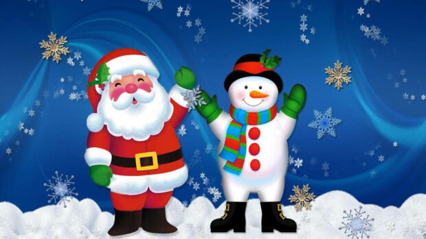 Cartoon Santa Claus And Snowman Desktop Wallpaper.