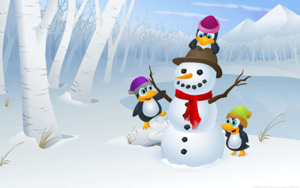 Christmas Cartoon Little Penguins Snowman Background.