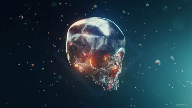 Cyberpunk Futuristic Skull Under The Water Background.
