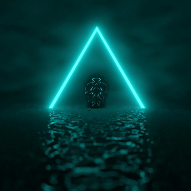 Dark Neon Teal Triangle With Skull Background.