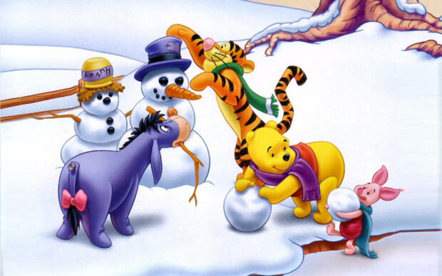 Disney Winnie The Pooh Making Snowman Wallpaper.