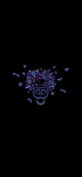 Exploded Skull Doodle Neon Lights Dark Mode Wallpaper.