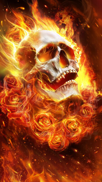 Gangster Skull With Burning Roses Wallpaper for Mobile.