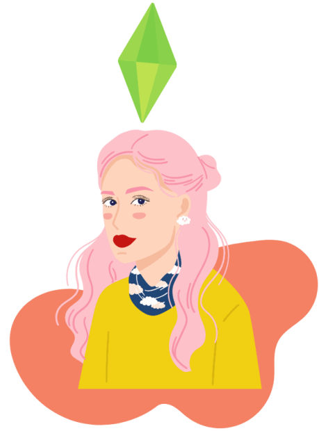 Illustrated woman with pink hair and Sims 4 plumbob.