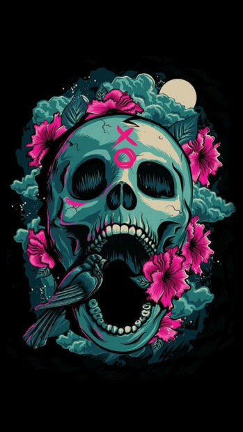 Pink And Teal Day Of The Dead Skull Wallpaper iPhone.