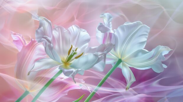 1 bouquet of Tulip, photography, soft, pastel background,subtle gradients background, delicate veins on the petals and the subtle variations in color.