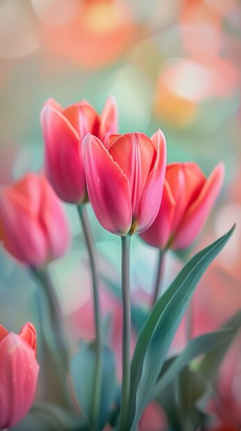 1 bouquet of red tulip, photography, soft, pastel background, delicate veins on the petals and the subtle variations in color.