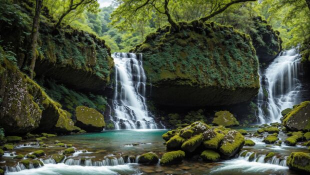 4K wallpaper of a majestic waterfall framed by lush greenery in the summer.