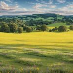 4K wallpaper of a peaceful countryside landscape with rolling hills and blooming wildflowers