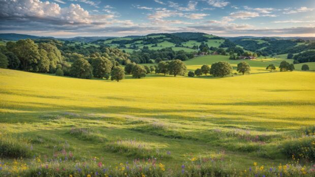 4K wallpaper of a peaceful countryside landscape with rolling hills and blooming wildflowers.