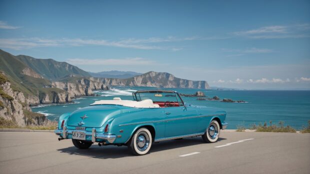 4K wallpaper of a vintage convertible cruising along a scenic coastal highway.