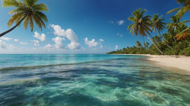 8K Summer Desktop Wallpaper with a pristine tropical beach, palm trees rustling in the wind, and a clear blue sky stretching to the horizon.