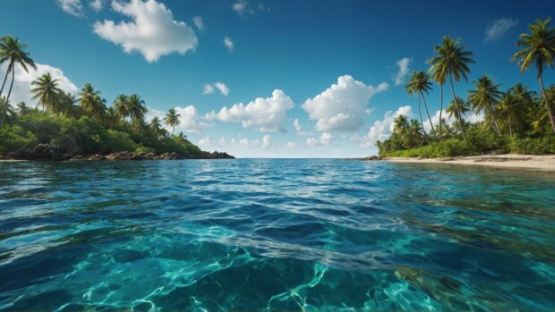 8K Summer Wallpaper featuring a palm fringed coastline, the turquoise sea meeting the blue sky, and wispy clouds drifting lazily overhead.