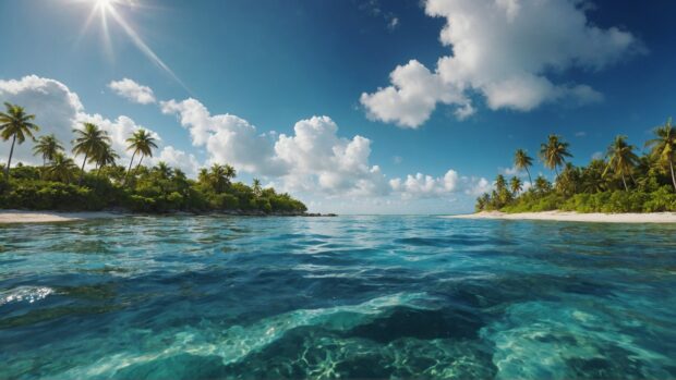 8K Summer Wallpaper featuring a palm lined coastline, the sea shimmering in the sunlight, and puffy white clouds drifting lazily across the sky.