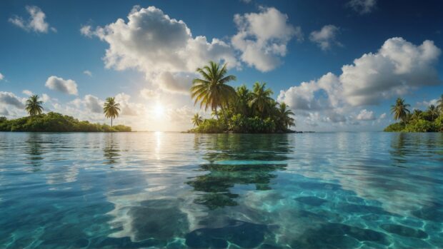 8K Summer Wallpaper with a palm tree leaning over a tranquil lagoon, its reflection shimmering in the crystal clear waters beneath a cloud dappled sky.
