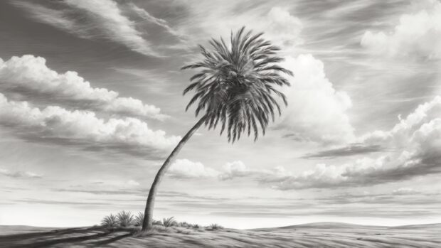 A BW summer wallpaper with a lone palm tree bending in the breeze against a stark sky.