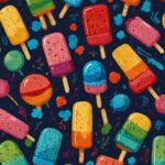 Popsicle ice cream dessert pattern with colorful frozen treats on dark background.
