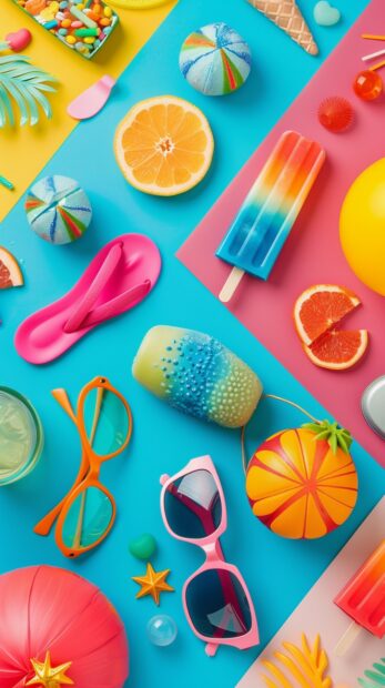 A colorful collage of summer related items like sunglasses, flip flops, beach balls, and popsicles.