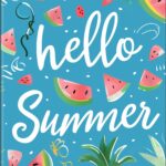 A cute summer vibes wallpaper with the text hello Summer written in colorful lettering in the style of playful elements.