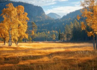A golden meadow with scattered trees in fall colors HD.