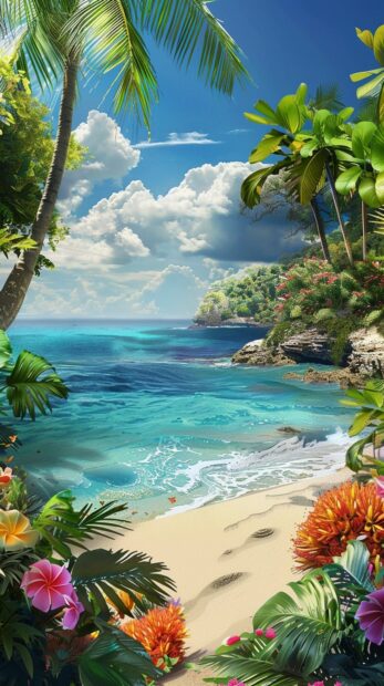 A lush tropical island scene with clear blue water, iphone summer wallpaper.