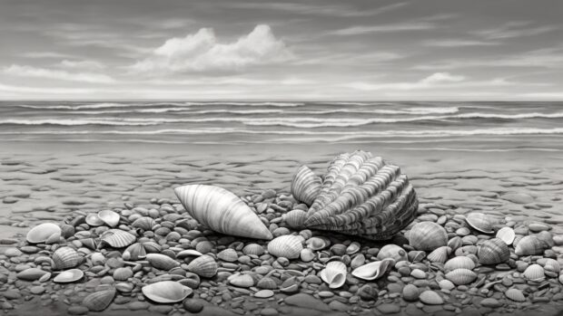 A minimalist BW wallpaper with a solitary seashell resting on the wet sand.