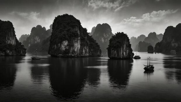 A monochrome Halong Bay wallpaper emphasizing the timeless beauty of the karst formations in black and white, evoking a sense of nostalgia and vintage charm.