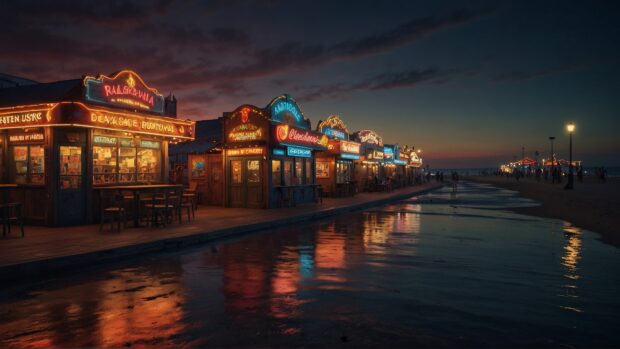 A nostalgic beach boardwalk summer wallpaper with vintage arcade games and neon signs.