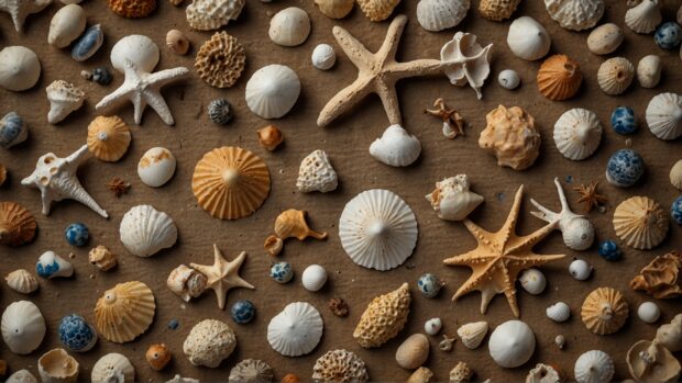 A nostalgic beachcomber wallpaper with seashells, driftwood, and treasures from the shore.