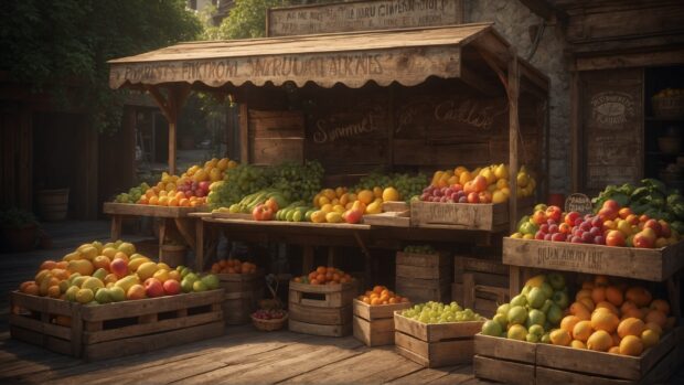 A nostalgic summer fruit stand wallpaper with vintage crates of fresh produce and hand painted signs.