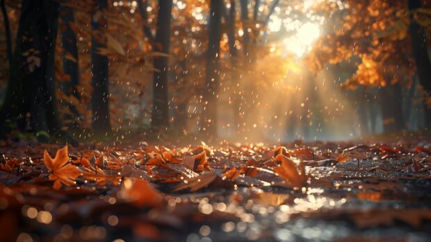 A peaceful morning in a fall forest with dew covered leaves.