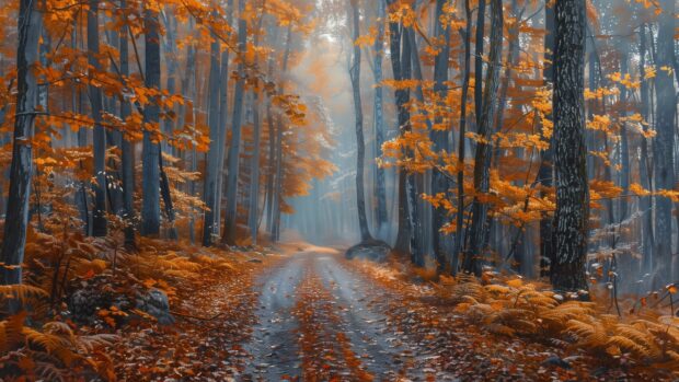 A peaceful morning in a fall forest with dew covered leaves   Fall Foliage Wallpaper HD.