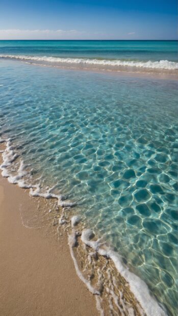 A photograph of a sandy beach with crystal clear water and a bright blue sky.