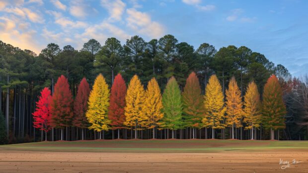 A row of trees with leaves turning from green to red showing Fall Foliage Desktop Wallpaper.