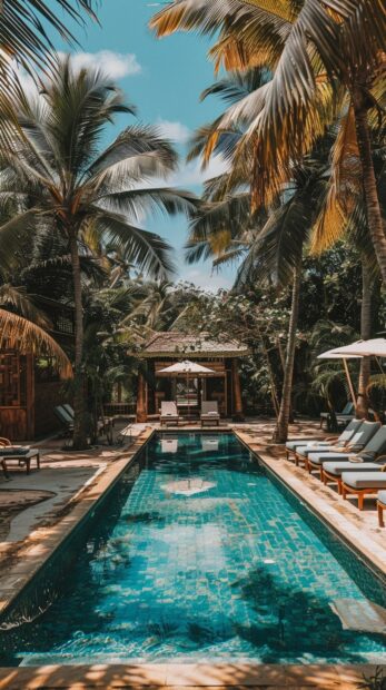 A tranquil scene of a pool surrounded by lounge chairs and palm trees.