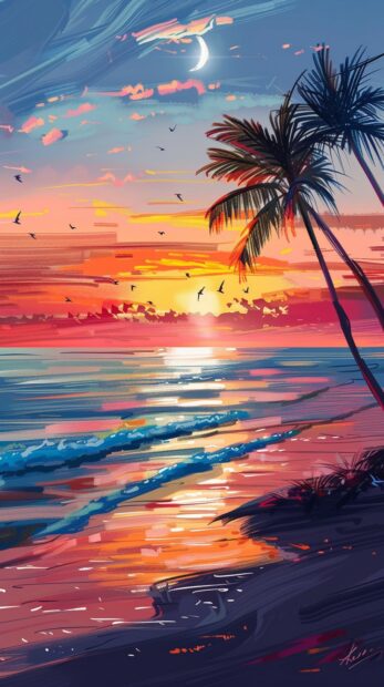 A vibrant sunset over a calm beach with palm trees swaying in the breeze.