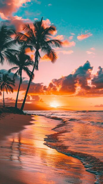A vibrant sunset over a calm beach with palm trees swaying in the breeze real.