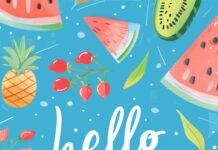 A cute summer wallpaper with the text hello Summer written in colorful lettering in the style of playful elements