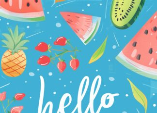 A cute summer wallpaper with the text hello Summer written in colorful lettering in the style of playful elements