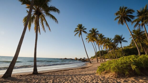 A beach scene with a beach and palm trees summer Desktop Background.