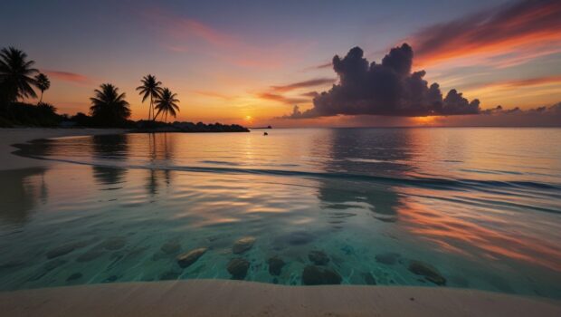 A tropical beach scene with palm tree summer wallpaper.