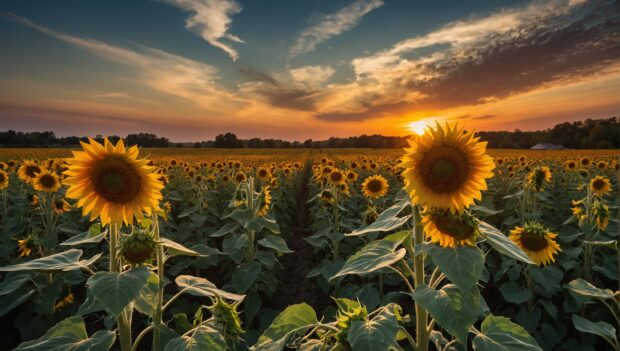 A vibrant sunset over a field of sunflowers summer hd wallpaper.