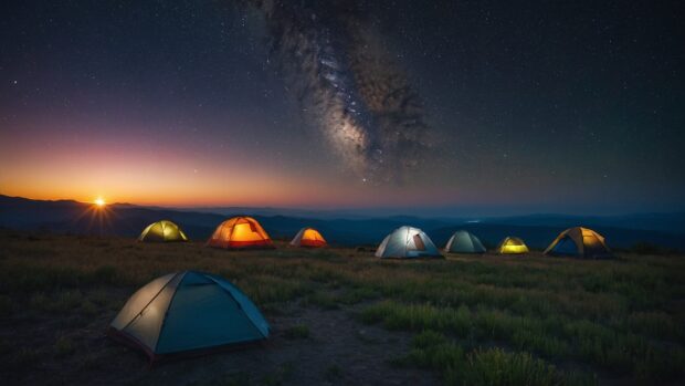 Adventurous summer night camping wallpaper with tents pitched under a vast expanse of star.